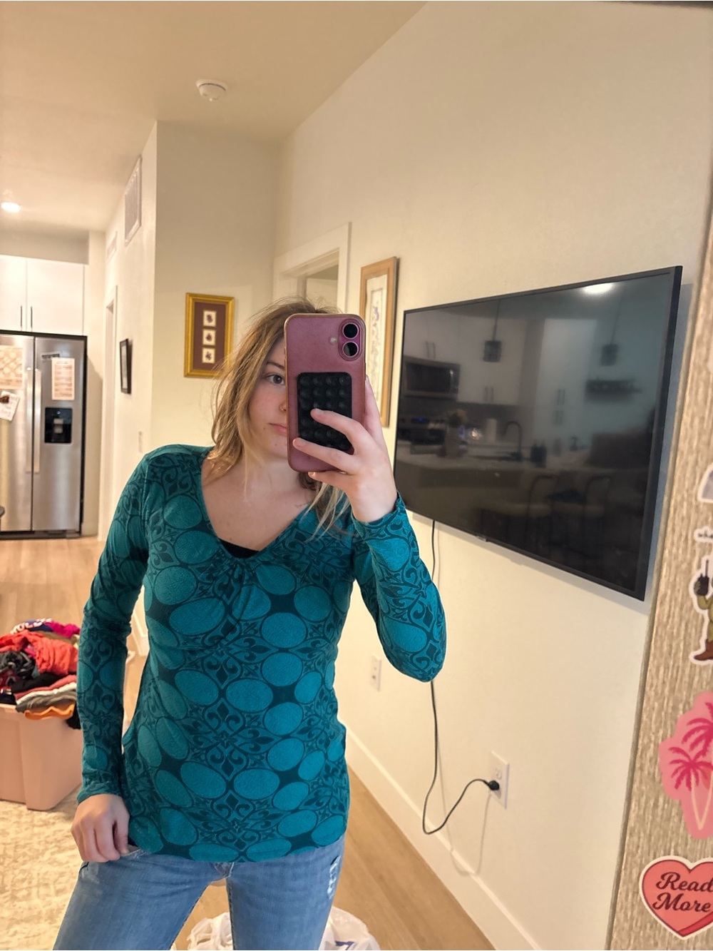 Mossimo Supply Co. Teal Long-Sleeve V-Neck Patterned Top